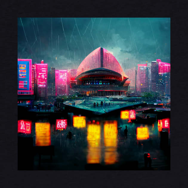 Neon District - Cyberpunk Cityscape Operahouse by ArkMinted